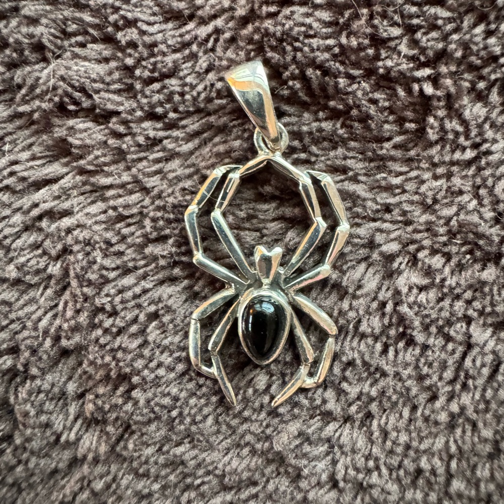 Silver Spider Pendant with Black Stone possibly onyx.